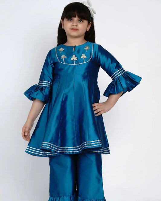Teal blue embroidered kurta with plazzo