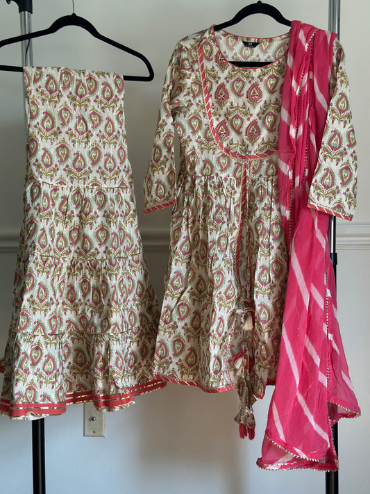 Pink and white Lurex Cotton Sharara suit set