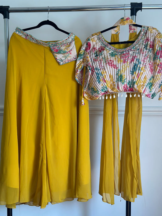 Yellow floral crop top with plazzo