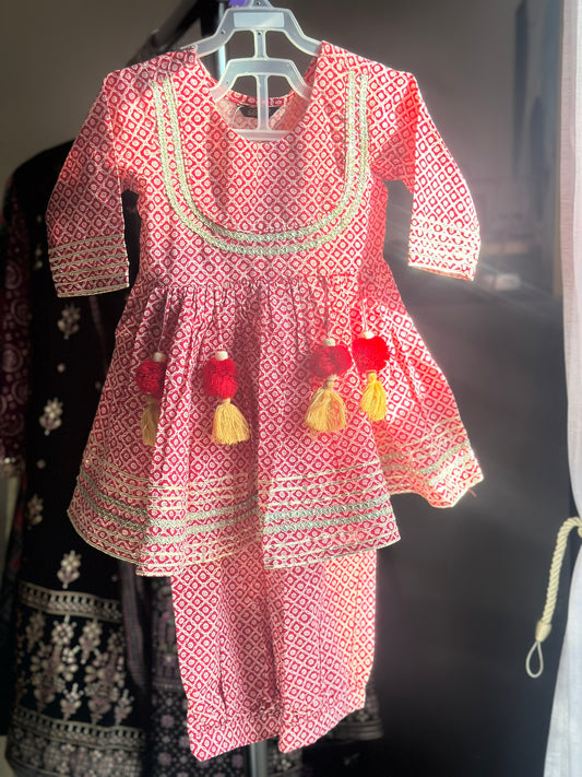 Red Gota Patti cotton suit for girls 3-4 Years
