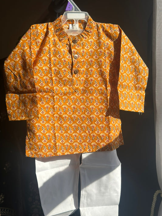 100% Cotton Jaipuri Mustard floral Kurta Pajama for Boys