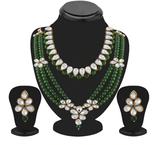 Traditional Indian Ethnic Heavy Jewellery Set with Kundan and Green Beads