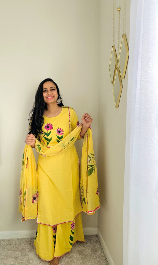 Yellow pure cotton designer Sharara Set | Gota Patti