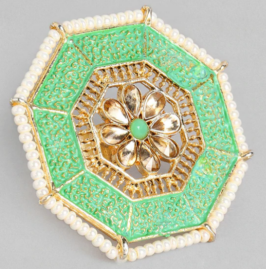 Indian Ethnic Gold Finished Mint Green Minakari Adjustable Delicate Design Finger Ring