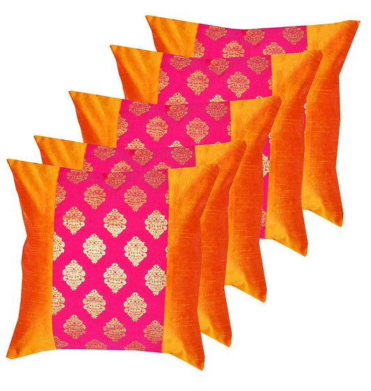 Red & Orange Jacquard/dopian Silk Cushion Covers| Set of 5