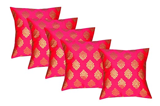 Pink festive Dopian Silk Decorative Jacquard Cushion Cover throw pillow cover |Set of 5